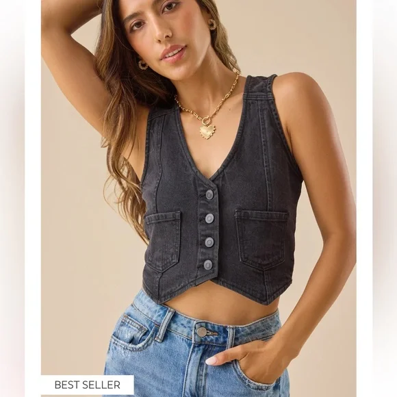 Altar’d State Black Denim Vest Size Medium Cropped - Picture 4 of 4